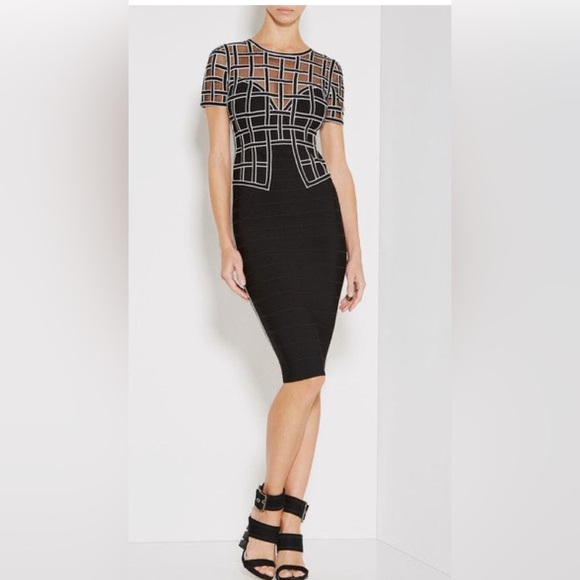 Herve Leger Black and White Geometric Midi Dress Small - Picture 1 of 3